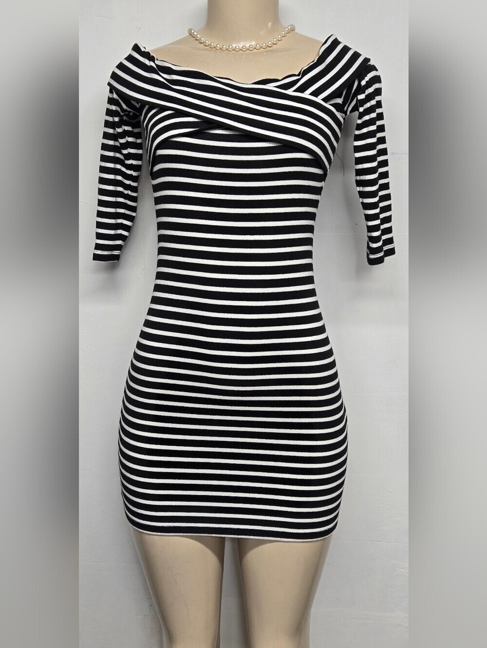 Forever 21 S Bodycon Dress Criss Cross Fold Over Cowl Neck Striped Stretch Knit